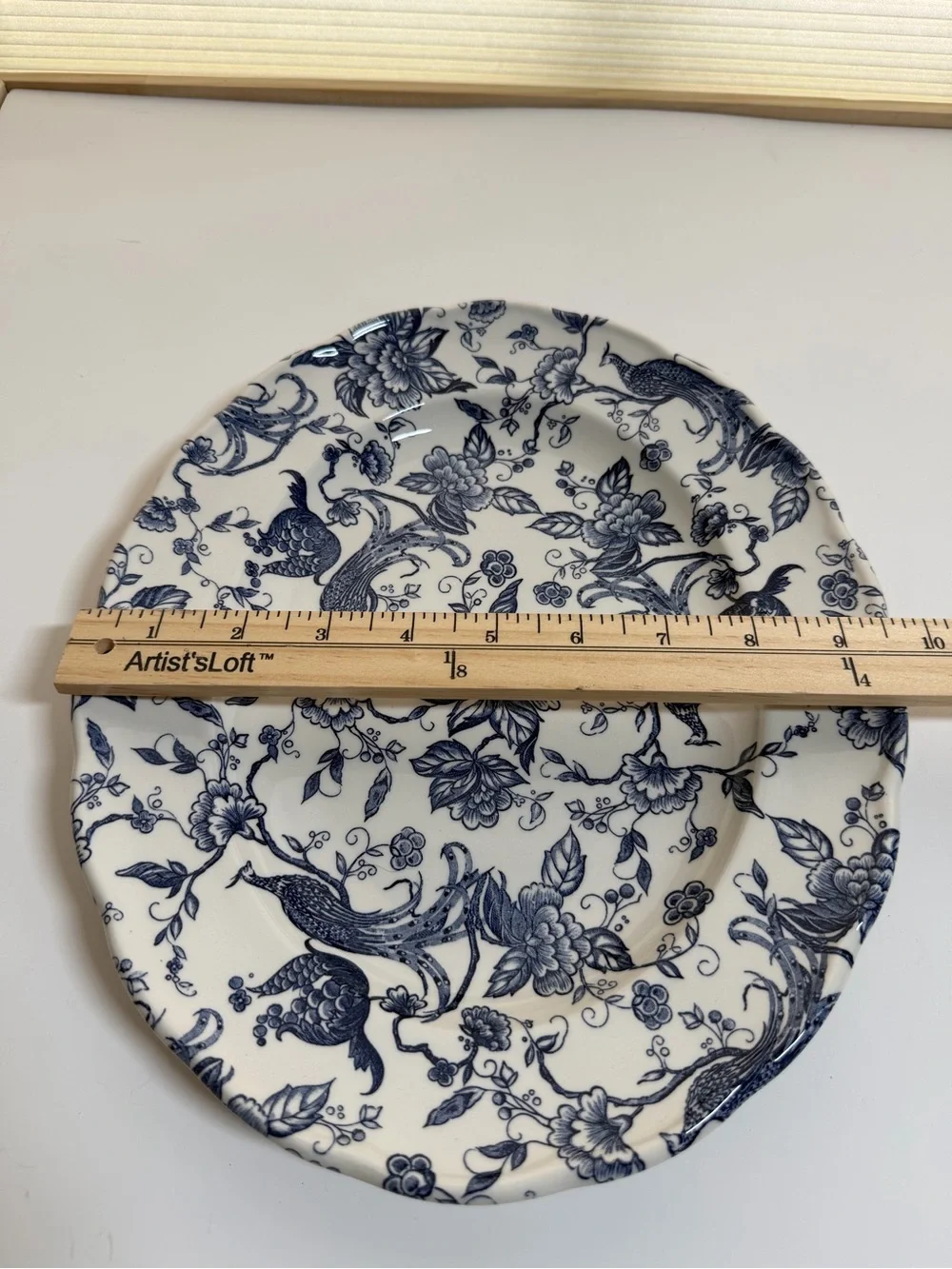 Ravensdale Blue and White Floral Pottery Serving Platter. Peacock toile